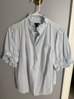 Ann Taylor Light Blue Ruffle Neck Puff Sleeve Button-Front Shirt